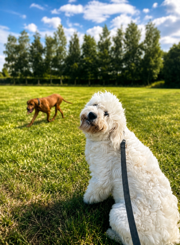 Dog boarding Kildare - White doodle sitting in grass play meadow